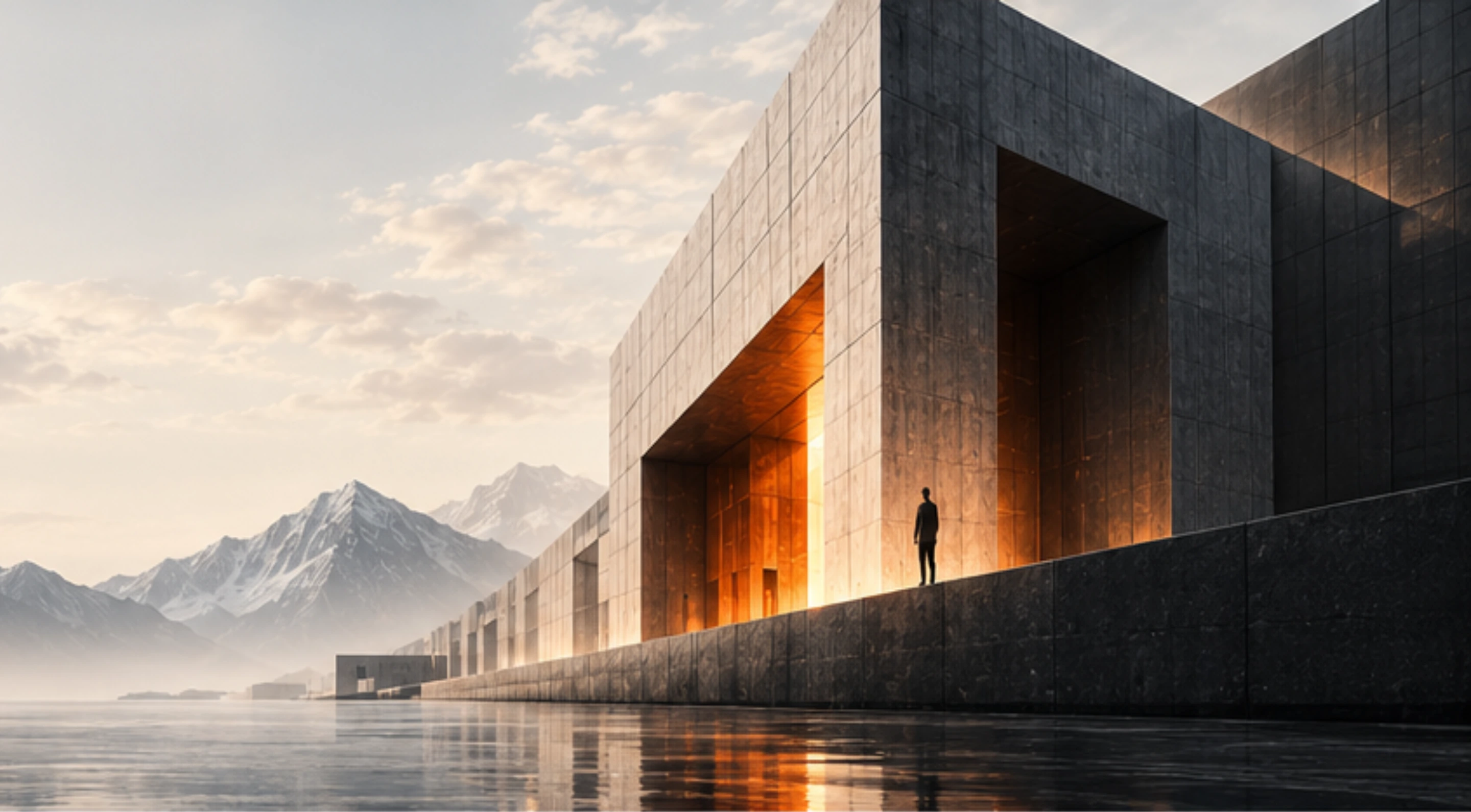 Monumental dark architecture illuminated by warm orange light beside a mountain lake
